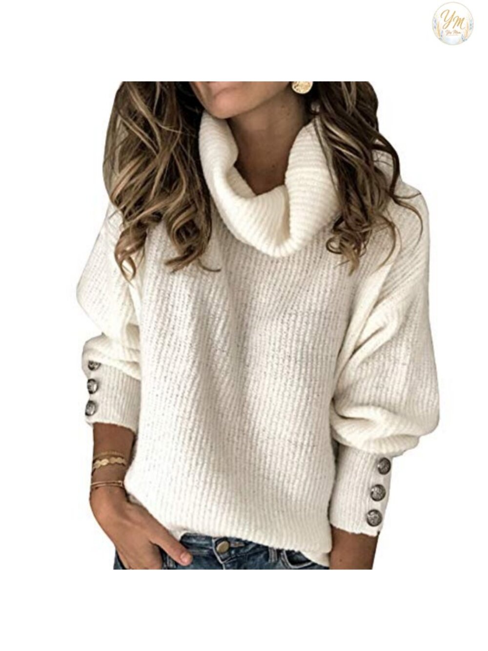 Oversized Cowl Neck Slouchy Knit Pullover Sweater Button Cuff Winter